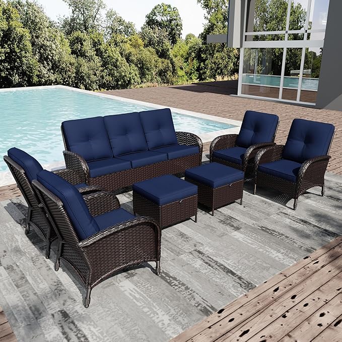Joyside Wicker Patio Furniture Set, 8 Piece Outdoor Furniture Set with Thickened Cushions, High Back, Deep Seating, Wide Armrest, Outdoor Swivel Rocker Chairs for Porch, Deck