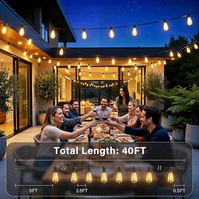 Ollny Outdoor String Lights 40FT, Bright Shatterproof Connectable Outside String Lights with 15 ST38 Vintage Edison Bulbs, 2200K Warm White Waterproof Patio Light for Yard Gazebo Porch Balcony