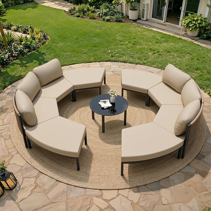 Crestlive Curved Patio Furniture Set, Modular Half Moon 8-Seater Sofa with Round Coffee Table, Aluminum Outdoor Sectional with 4.3" Cushions, All-Weather Couch for Backyard, Deck, Porch, Poolside