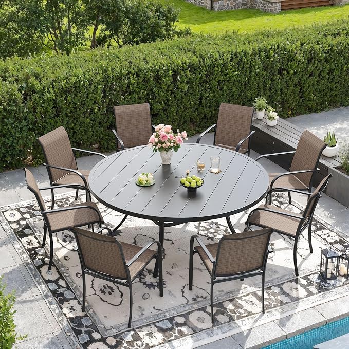 DIFY Outdoor Dining Set for 8, Patio Dining Furniture Set Includes 53" Black Round Table with Adjustable Umbrella Hole and 8 Brown Stackable Metal Chairs for Poolside, Garden, Backyard