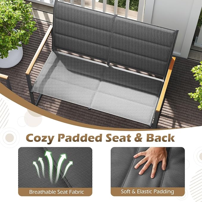 Tangkula 8 Piece Patio Furniture Set, Outdoor Metal Conversation Set with Padded Fabric Seat & Wood-Plastic Armrests, Sectional Sofa Set with Tempered Glass Coffee Table for Backyard, Porch (Gray)