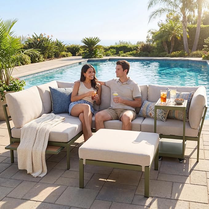 Patio Sectional Sofa Set, Outdoor Conversation Furniture Set, Outdoor Couch Sectional, Outside Sets, Patio Furniture Sets for Backyard, Garden, Lawn, Poolside, Beige