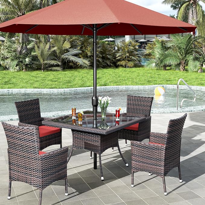 10 Pieces Outdoor Patio Dining Set,Patio Table and Chairs Rattan Outdoor Patio Furniture Set with Umbrella Hole,Dining Table Set for 8 with Chairs for Backyard,Garden and Kitchen,Red