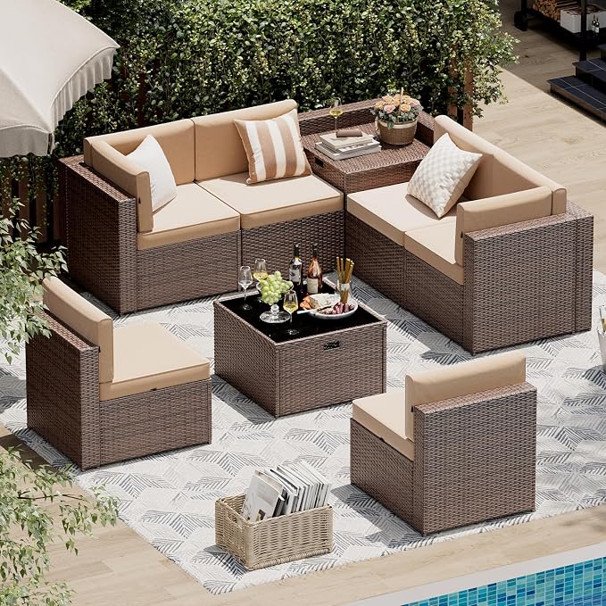 Aoxun 8 Piece Patio Furniture Set, Wicker Outdoor Furniture with Large Storage Table, Patio Conversation Sets with Waterproof Cover, Outdoor Sectional Sofas for Backyard Garden(Brown/Khaki)