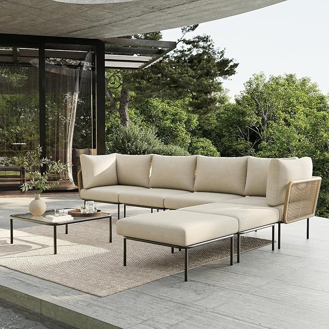 7 Piece Modern Outdoor Rope Wicker Sectional Patio L-Shaped Conversation Sofa Set Deep Seating with Thick Cushions