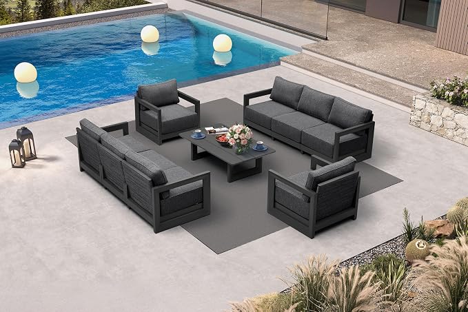 PURPLE LEAF Patio Furniture Set Enclosed Outdoor Couch with 9.6" Thick Cushion and Soft Pillows 9 Piece Outdoor Sectional Sofas with Table Modern Outdoor Conversation Sets for Yard Porch Deck, Grey
