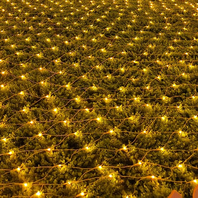 LJLNION Christmas Net Lights, 360 LED 12ft x 5ft Connectable Mesh Fairy String Lights,8 Modes Low Voltage Safe Adaptor for Xmas Trees, Bushes, Wedding, Outdoor Garden Decorations, Warm White
