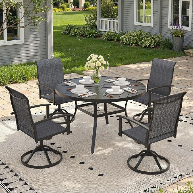 5 Pieces Round Outdoor Table and Chairs Set, Patio Dining Set with 40.6" Round Spliced Outdoor Table and Patio Swivel Chairs for Backyard Lawn Garden, Black Table and Black Chairs