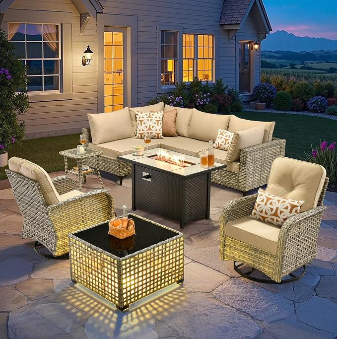 CAODOC 9-Piece Outdoor Sectional Sofa Set w/ 42" Fire Pit – L-Shaped Wicker Patio Furniture, Deep Seating & Swivel Rockers,Beige