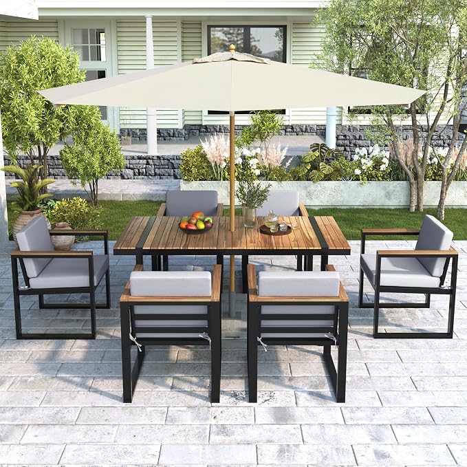 7 Pieces Outdoor Dining Set Patio Dining Table and Chair Set with and Removable Cushions for Patio, Backyard, Garden (Grey@40)