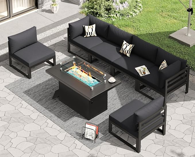 RADIATA 7 Piece L-Shaped Contemporary Aluminum Outdoor Furniture Set with Firepit, 29" Deep Wide Large Couch Set, 500 lbs High Weight Capacity Modular Patio Sectional Sofa for Garden Lawn, Dark Grey