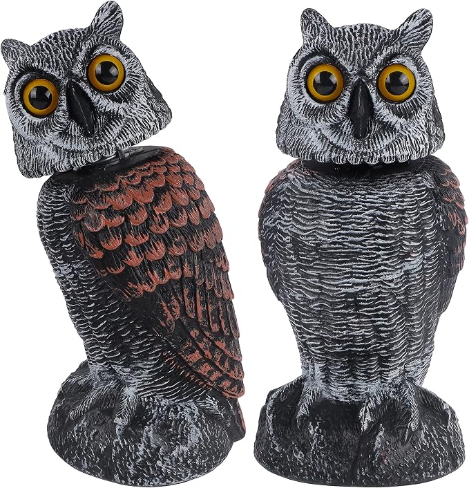 Hausse 2 Pack Fake Owl Decoys to Scare Birds Away, Rotating Head Plastic Owl Bird Deterrents, 10.6 Inch Height Bird Scarecrow Nature Enemy Horned Pest Repellent for Outdoor Garden Yard