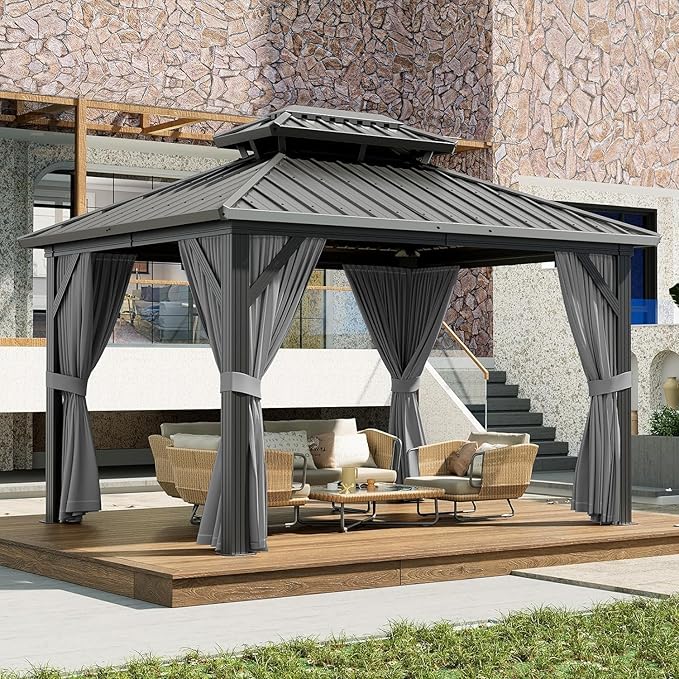 12'x10' Hardtop Gazebo, Heavy Duty Aluminum Permanent Hardtop Gazebo Outdoor Pavilion with Curtains and Netting for Garden