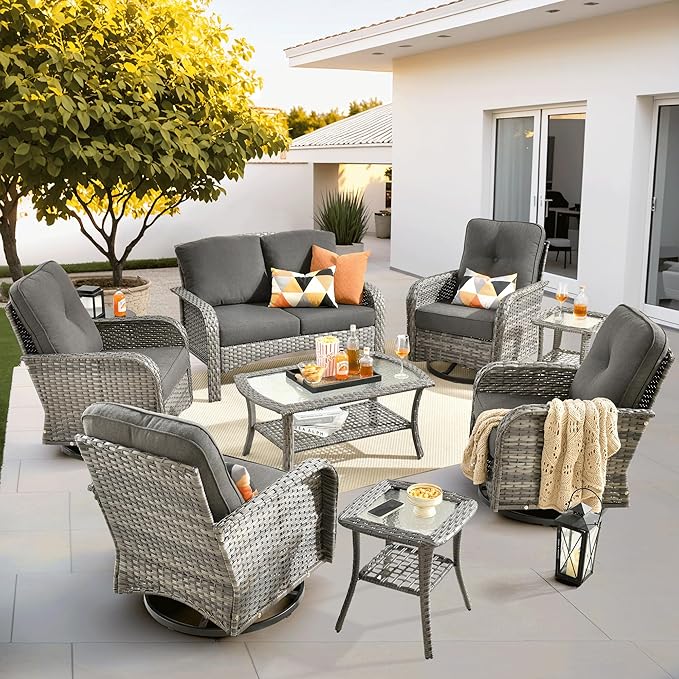 ovios 8-Piece Patio Furniture Set, Outdoor Wicker Sofa with Swivel Chairs Coffee Table, High Back Rattan Couch Loveseat with Comfy Cushions for Porch Yard Deck, Black
