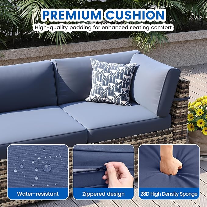 8 Pieces Outdoor Patio Furniture Set with 44" Fire Pit Table Yellow Rattan Sectional Conversation Sets w/Gas Fire Pit, Coffee Table, 1 Waterproof Covers, Navy Blue