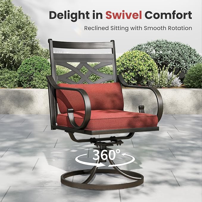 PHI VILLA Patio Dining Set, Swivel Chairs, 54" Round Metal Table | Metal chairs, Red, Umbrella Hole, Cushions, E-coated