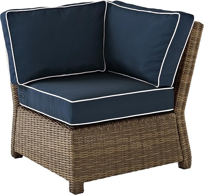 Crosley Furniture Bradenton 5-Piece Outdoor Sectional Sofa Wicker Conversation Patio Furniture Set for Deck, Brown with Navy Cushions