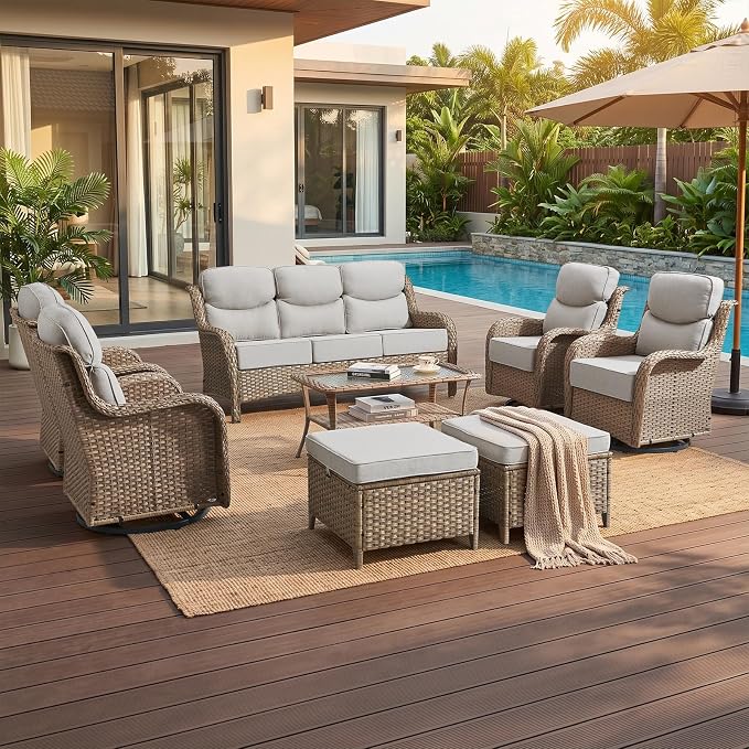 Luxury High Back Outdoor Furniture with 6-Inch Thick Cushions, Patio Furniture Set with Swivel Chairs, 8 PCS Wicker Conversation Set for Porch, Balcony, Deck and Yard