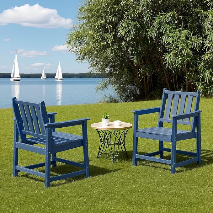 2-Piece Outdoor Patio Chairs, HDPE All-Weather Patio Chair with Backrest and Armrest, 300 lbs Support Outdoor Dining Chair Furniture for Garden, Deck, Porch, Navy