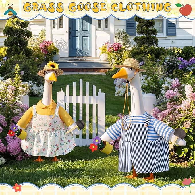 FuWeave 2 Set Porch Goose Outfit Spring Gardener Goose Clothes with Small Flower Pot for 23" Cement Outdoor Patio Yard Decor (Sunflower)