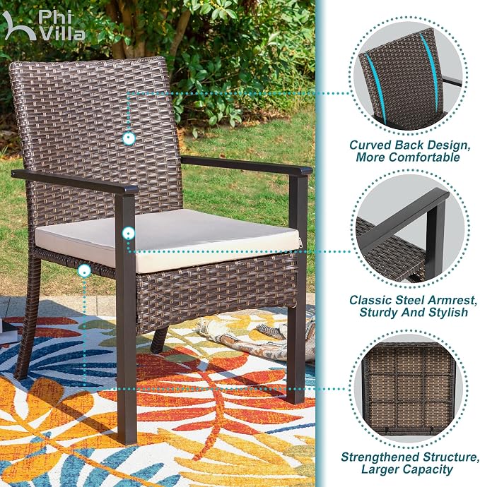 PHI VILLA 5pc Patio Dining Set with Umbrella, Square Table, Rattan Chairs | 37" Wood-like square dining table, cushioned wicker chairs, 10ft beige umbrella. Perfect for patio, deck, yard, porch.
