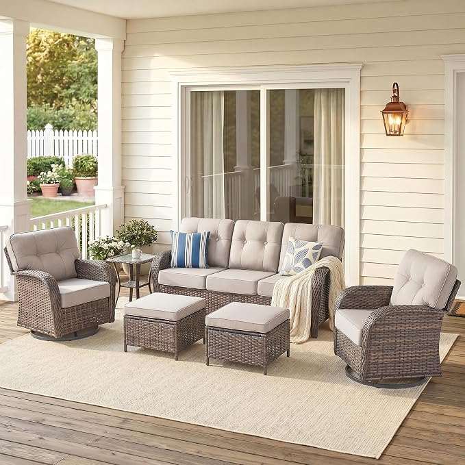 6 PCS Patio Furniture Set Outdoor Sectional Sofa Couch with Rocking Swivel Chairs 5" Deep Seat Chairs, Modern Wicker Rattan Conversation Set, Beige/Brown Wicker