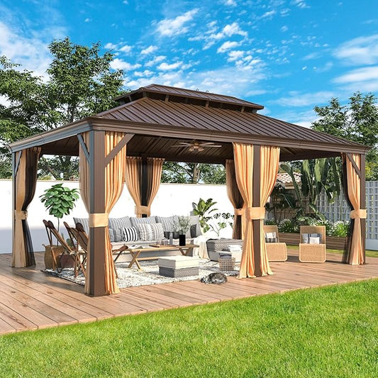 YOLENY 12'x18' Hardtop Gazebo,Galvanized Steel Metal Double Roof Gazebos with Curtain and Netting, Brown Permanent Pavilion Canopy with Aluminum Frame for Patios,Gardens,Lawns