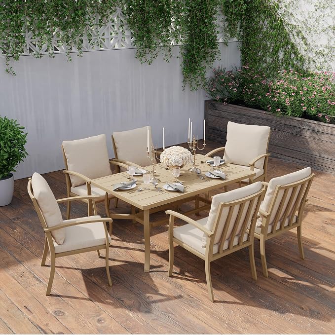 HAPPATIO 7 Piece Patio Dining Set, Aluminum Outdoor Dining Set for 6, Aluminum Dining Table and Chairs Set, Patio Furniture with Table, Chairs and Washable Cushions (Beige)