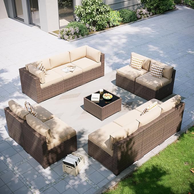 Aoxun Patio Furniture Set, 11 Piece Outdoor Sectional Sofas with Waterprool Cover, 10 Seats Wicker Rattan Outdoor Furniture Patio Conversation Set for Backyard, Garden (Brown Rattan Beige Cushions)