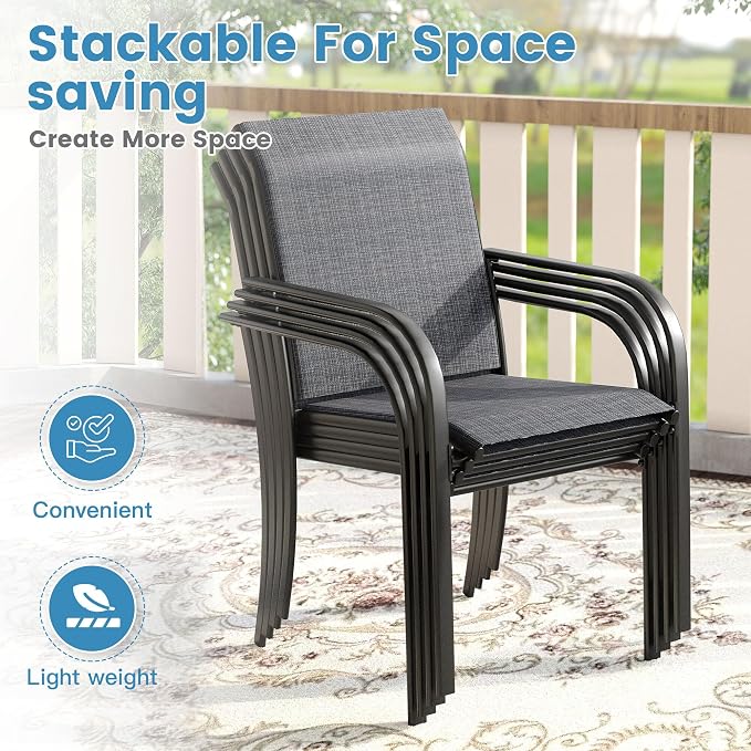 DIFY 9 Pieces Outdoor Patio Dining Set for 8, 53.1" Round Metal Dining Table and 8 Stackable Textilene Patio Chairs, Outdoor Table and Chairs for Backyard Garden Poolside, Grey