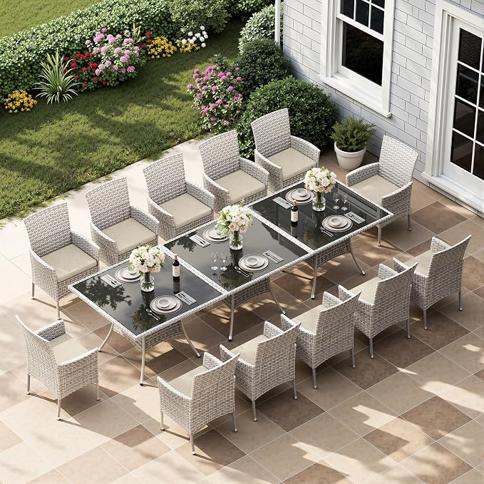 15-Piece Patio Dining Set, Patio Furniture Set with Square Tempered Glass Table & 12 Wicker Chairs, Expandable Design for Larger Groups, Outdoor Furniture for Backyard, Deck, Garden, Beige