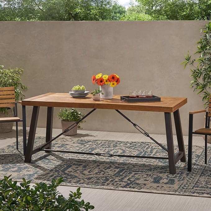 70'' Outdoor Patio Dining Table & 2 Bench for 4, Acacia Wood Farmhouse Dining Table Set Outdoor & Indoor Furniture for Patio Porch Garden, H-Shaped Metal Base, 3-Pcs, Teak