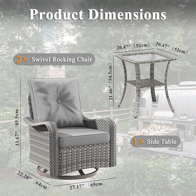 3 Piece Patio Furniture Set with Swivel Rocking Chairs, Outdoor Wicker Conversation Set with 4" Cushions, Glass Side Table, PE Rattan and Rust-Resistant Frame, Grey