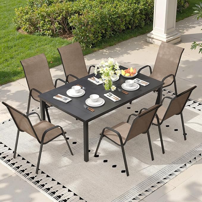 7 Pieces Outdoor Dining Set, 63" Rectangular Table with Umbrella Hole & Stackable Patio Dining Chairs, Patio Table and Chairs Set for Deck Garden Porch, Brown Chairs & Black Table