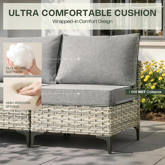 8 Pieces Patio Furniture Set, Outdoor Conversation Set with 360° Swivel Rocker Chairs, Wicker Sectional Sofa & Solar Powered Lighted Table, High Back Outdoor Furniture for Backyard Porch, Dark Gray