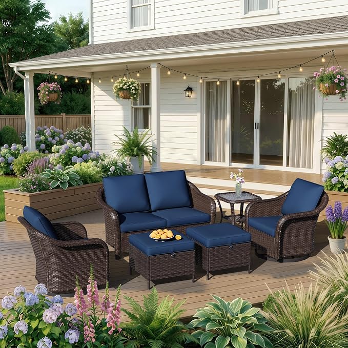6 Piece Patio Wicker Conversation Set, All-Weather Use Outdoor Wicker Loveseat with 2 PE Rattan Ottomans,2 Swivel Chair, 1 Side Table, Ideal for Porch, Backyard, Balcony, Poolside, Blue