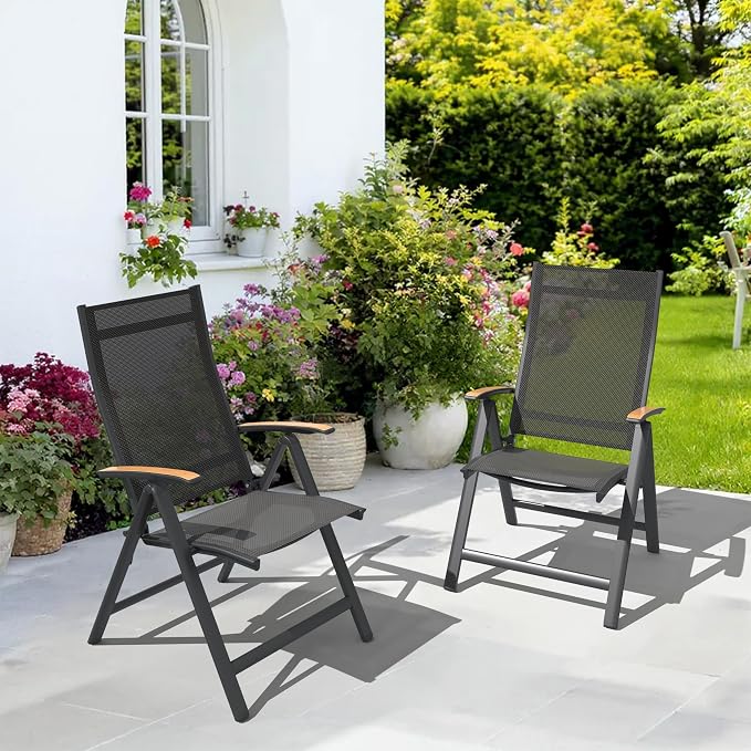 Pellebant 2 Pieces Aluminum Outdoor Dining Chairs, Patio Foldable Adjustable Backrest Armchair, Weather Resistant Outdoor Furniture Set for Deck, Porch & Backyard