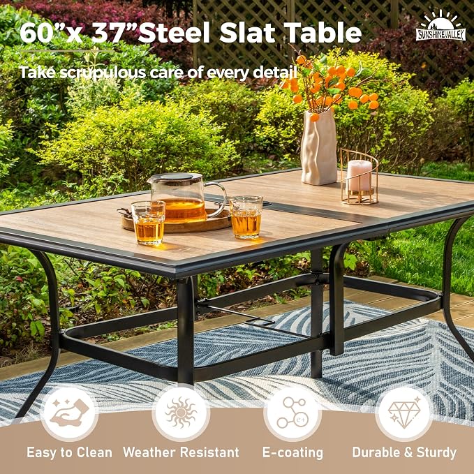 SUNSHINE VALLEY 7 Pcs Patio Dining Set for 6, Rectangular Metal Dining Table (PVC Table Top) with Umbrella Hole and 6 Chairs, Outdoor Dining Set for Lawn Garden Deck, Red
