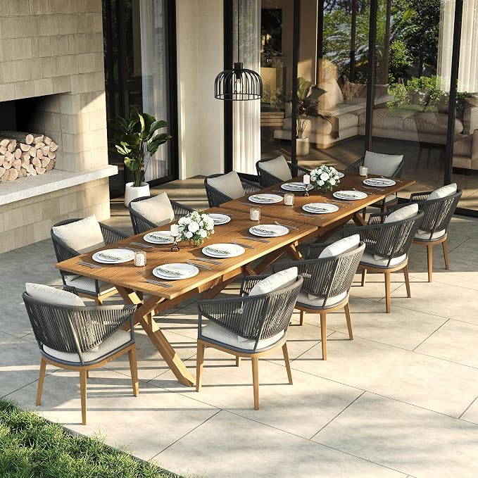 LayinSun 12 Piece Outdoor Dining Table Set, Aluminum Modern Rectangular Dining Table and All-Weather Wicker Chairs Set for Patio Deck Indoor Decor Kitchen