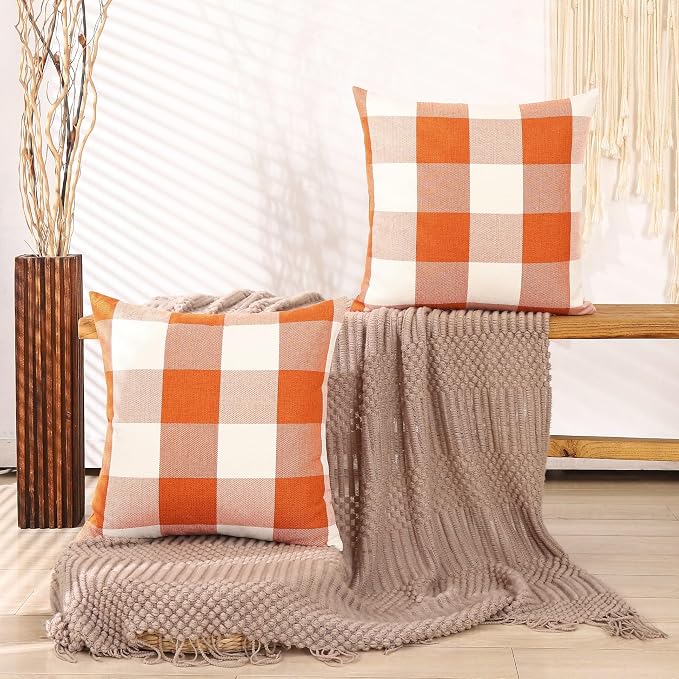 Orange Fall Plaid Euro Pillow Sham Covers 26x26, Large Couch Pillow Covers | Set of 2, Durable Polyester Fabric, 26 x 26 Fall Pillow Cover, Fall Couch Buffalo Plaid Checkered, Fall Decor for Living Room