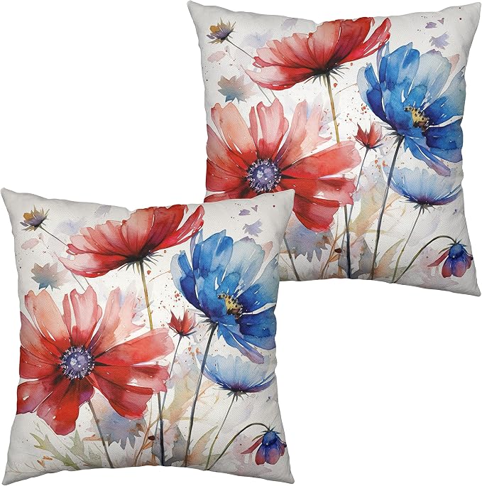 16x16 Spring Summer Floral Throw Pillow Covers Set of 2 Red Blue Daisy Pillow Covers Flower Linen Farmhouse Pillow Covers for Living Room Home Decor Outdoor