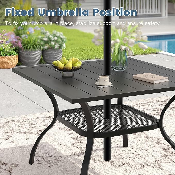 DIFY 5 Piece Outdoor Patio Dining Set for 4, Patio Table and Chairs Set with Umbrella Hole, 37.8" Square Dining Table and Stackable Metal Chairs for Backyard Garden Poolside, Black