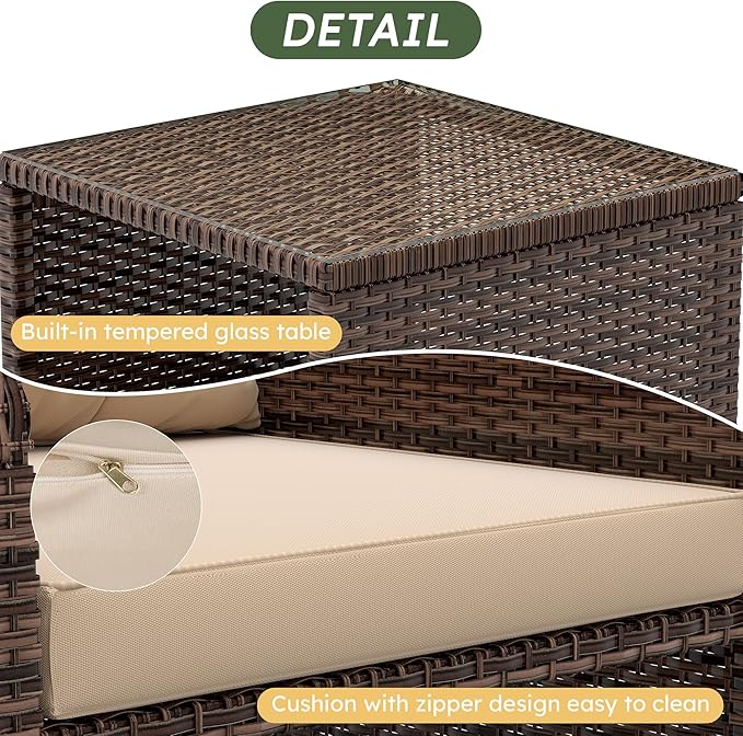 LHBcraft Outdoor Furniture 5 Piece Patio Conversation Set, PE Rattan Patio Set with Soft Cushions & Coffee Table, Outside Furniture with Hidden Ottoman for Porch, Lawn, Garden, Balcony, Brown