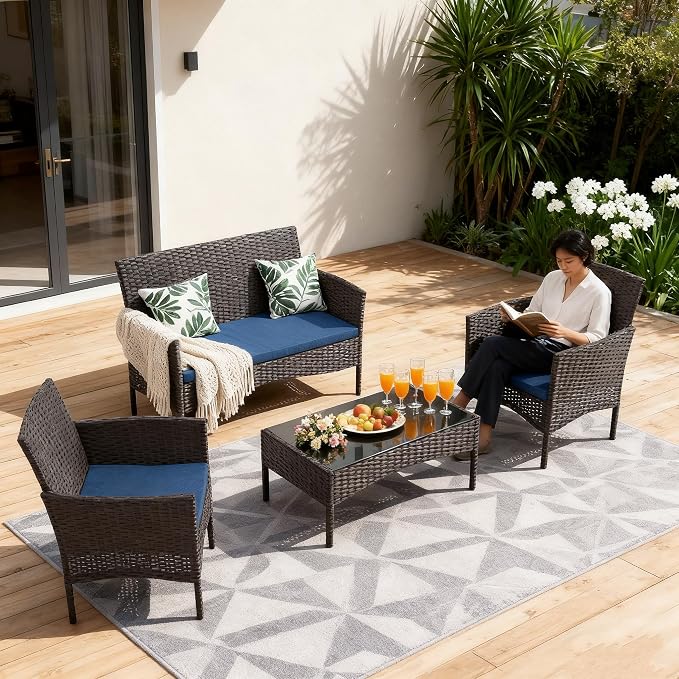 Gotland 4-Piece Outdoor Patio Furniture Set, Wicker Rattan Chairs & Sofa with Cushions and Glass Coffee Table, Conversation Set for Backyard, Lawn, Porch, Pool, Garden (Navy-2)