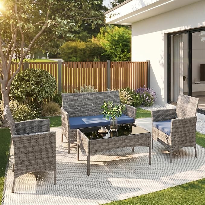 4 Pieces Outdoor Patio Furniture Set, Wicker Patio Conversation Set with Tea Table, All-Weather Outside Rattan Sectional Sofa for Backyard, Poolside, Garden, Balcony, Gray/Navy
