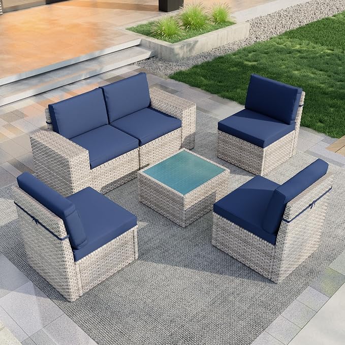 6 Pieces Patio Conversation Set, Rattan Furniture Set with Wide Armrests and Coffee Table, Outdoor Modular Sectional Couch Wicker Sofa for Garden Backyard Balcony Porch Deck (Blue Cushions)