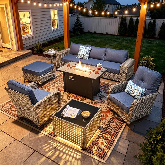 9-Piece Wicker Outdoor Sectional Furniture with Fire Pit, Wide Armrest Patio Couch Set Swivel Rocking Chair Ottoman Solar Table, Modular Conversation Sets for Backyard Deck Garden, Denim Blue