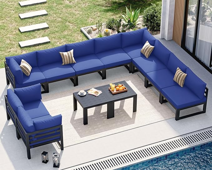 NICESOUL 12 Pcs Extra Large Modern Aluminum Outdoor Sofa with Coffee Table, 29" Deep Wide Seat, 500 lbs Durable Sectional Set for Heavy People,High End Patio Furniture Set for Backyard Lawn, Navy Blue
