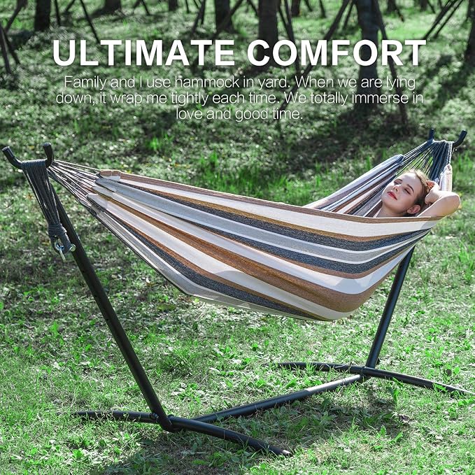 PNAEUT Double Hammocks with Stand for Outside, Portable Space Saving Heavy-Duty Steel Frame for Indoor Outdoor Patio Yard, Easy Assembly, 2 Person 450 lbs Capacity (Coffee)