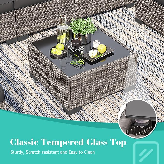 7 Pieces Outdoor Patio Furniture Set, All-Weather Sectional Sofa | Dark Grey Wicker Conversation Set with Glass Table and Cushions | PE Rattan Weaving | Ideal for Patio, Pool, Balcony